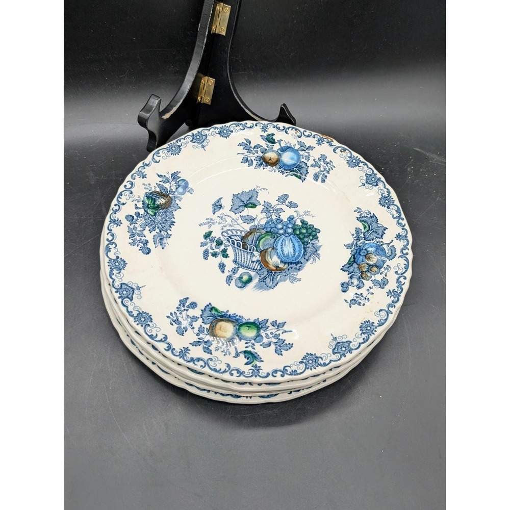 Masons‎ Fruit Basket Blue Ironstone Dinner Plates Set of 5 England Scalloped 9"